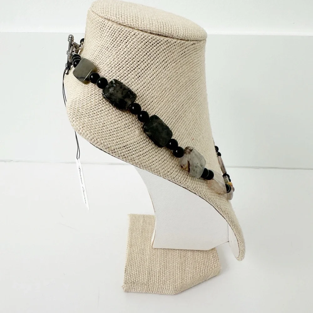NWT Genuine Agate & Black Onyx Necklace Beaded Black Brown Gray